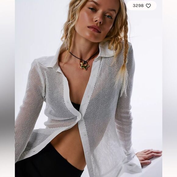 Free People White Siggi Open Knit Button Down Shirt Top Small - Picture 1 of 8